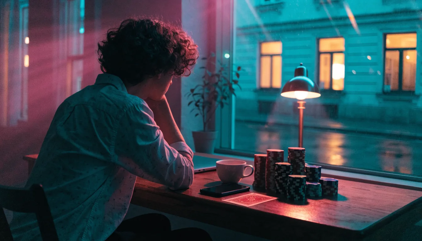 Hráč u stolu s kávou a herními žetony při večerním online hraní.
