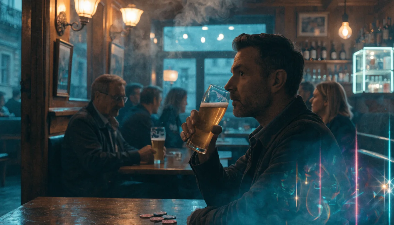 Tradiční česká hospoda s herními žetony a pivem na stole