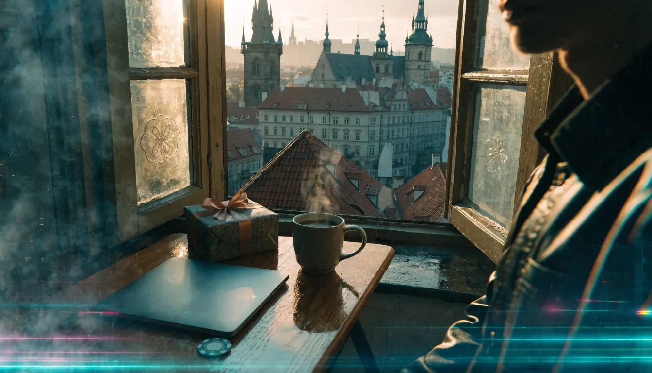 Pracovní stůl u okna s výhledem na pražské střechy, dárková krabička s mašlí a káva