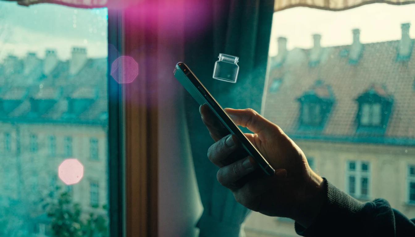Ruka držící telefon s průhledným sušenkem nad displejem v české kavárně
