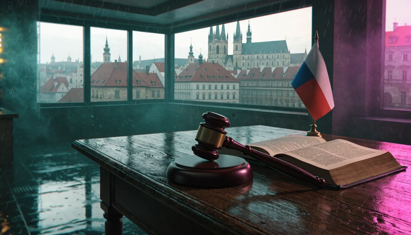Soudní kladívko, otevřená právnická kniha a česká vlajka na kancelářském stole