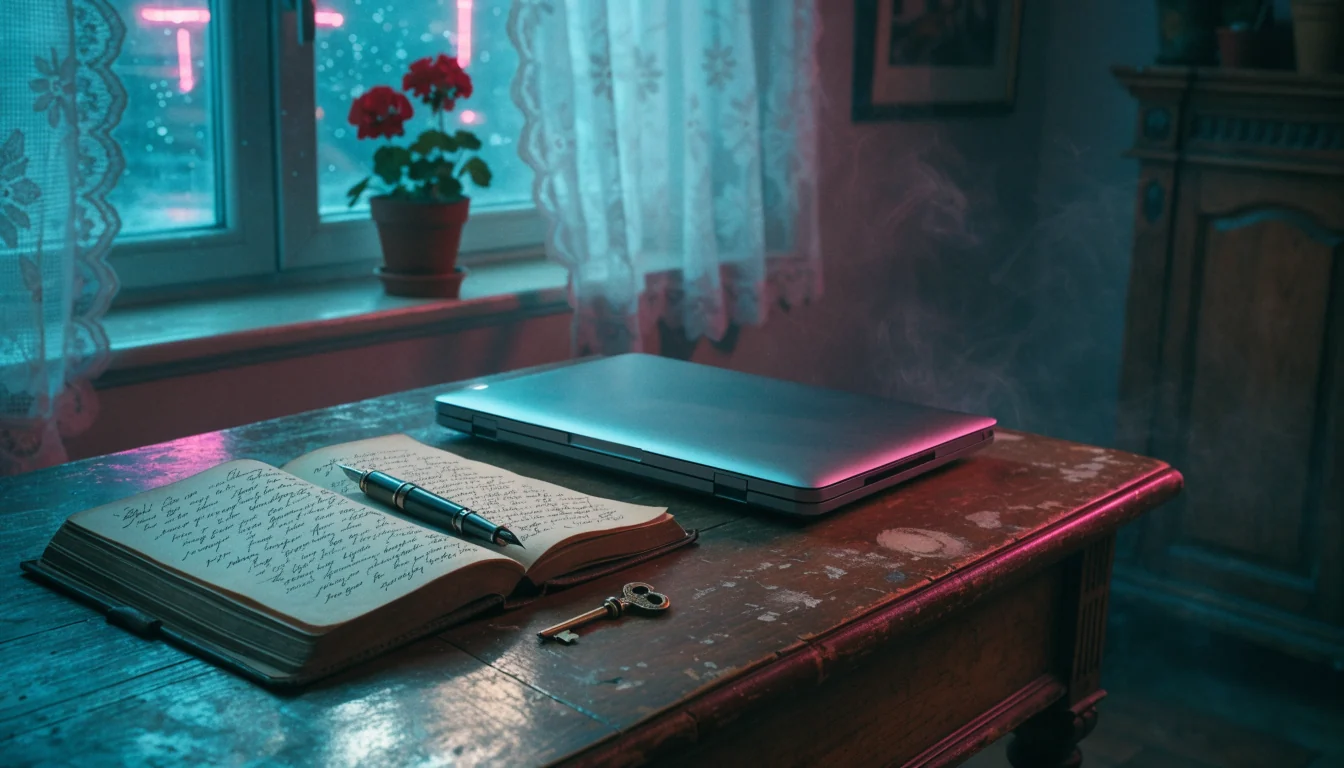 Dřevěný psací stůl v českém bytě s klíčem a zavřeným notebookem