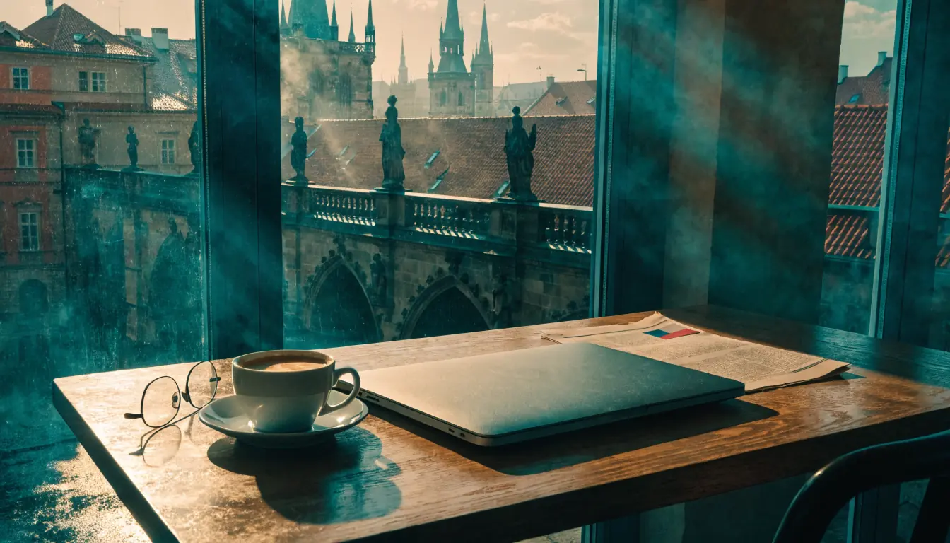 Zavřený notebook na stole pražské kavárny s výhledem na Staré Město