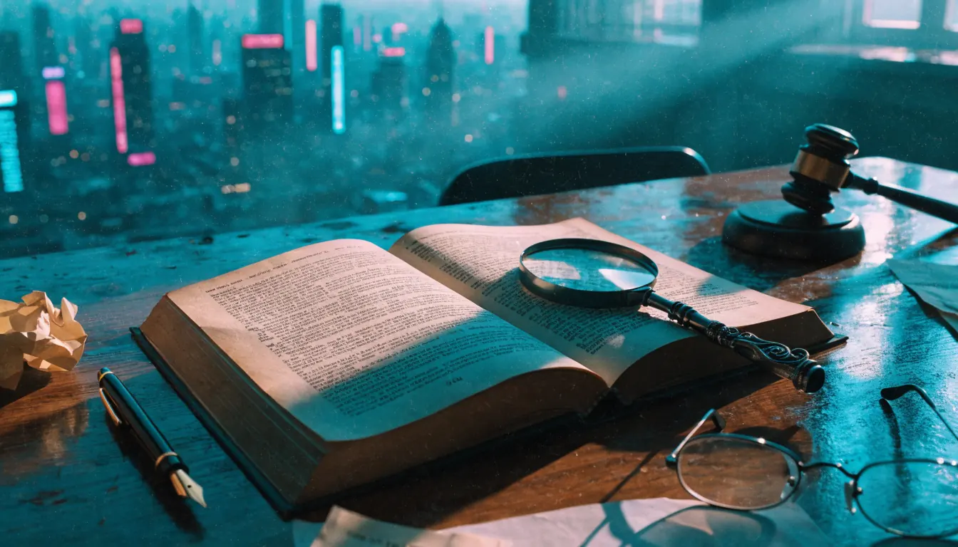 Otevřená kniha zákonů na dřevěném stole s perem a lupou.